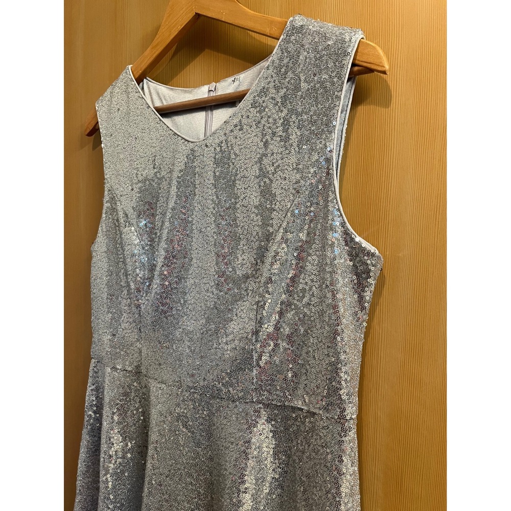 Dressever Sequin Fit and Flare Dress Womens Large Silver V-Neck Sleeveless Party - Picture 9 of 10